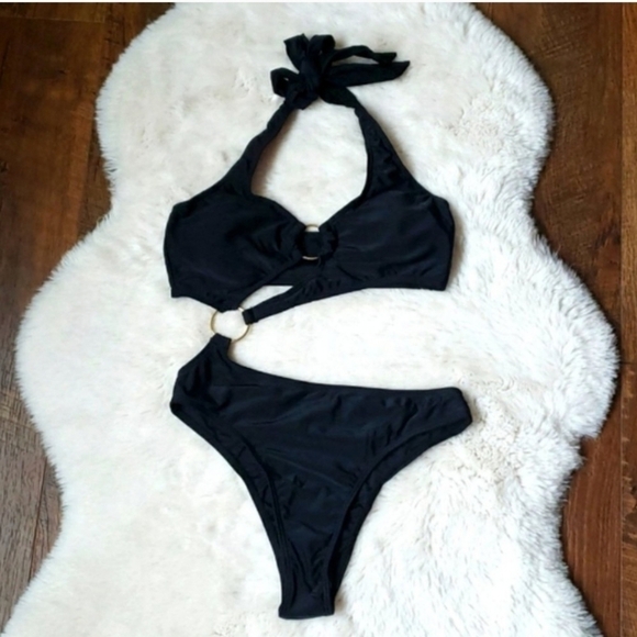 New Sexy Black Cut Out Ring Details One piece Swimsuit Size M - Picture 5 of 6